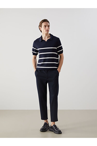 LC Waikiki Ανδρικό πλεκτό πουλόβερ LCW Vision Navy Blue Polo με κοντό μανίκι ριγέ