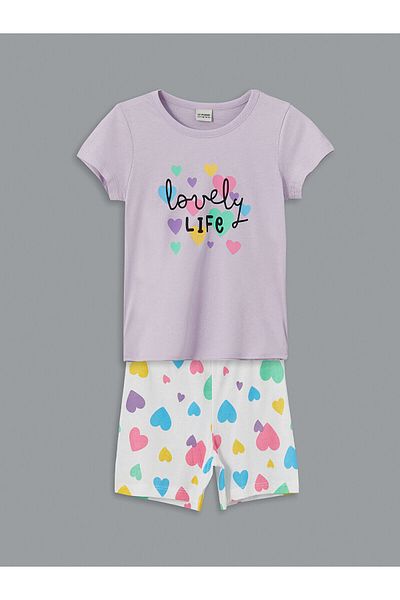 LC Waikiki Set de pijamale cu mânecă scurtă cu imprimeu pentru fete și pantaloni scurți