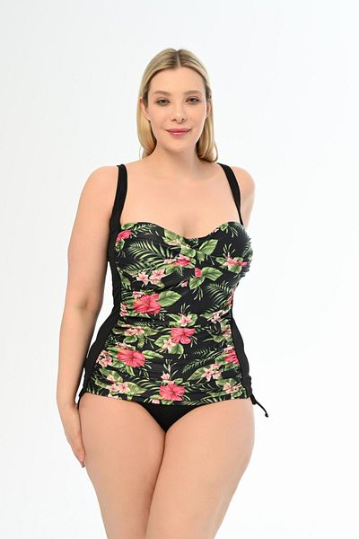 AQUAVİVA Plus Size Black Violet Patterned Aquaviva Tankini - Side Sliding and Gathering