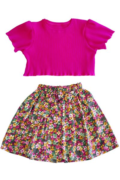 MODA59 Children's Crop and Skirt Set Cotton Corded Fuchsia Color Crop Floral Cotton Skirt
