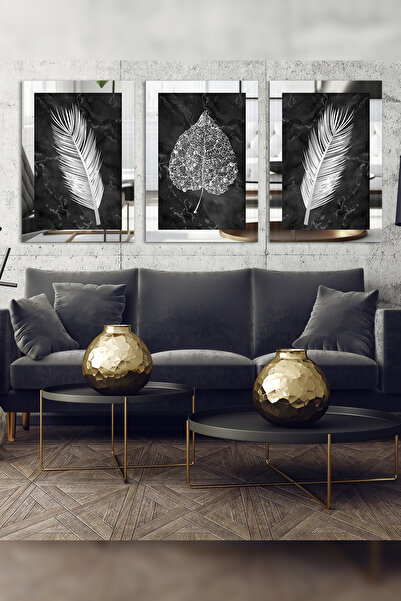 Evimemoda Çiçek Yaprak Gümüş 3 Parça Pleksi Aynalı Tablo