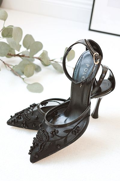 POLKA STORE Bridal Handmade Hand Embroidered Pearl Detailed Pointed Toe Thin Heeled Women's Shoes