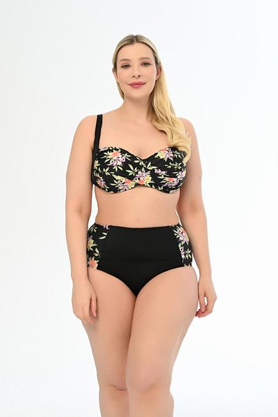 AQUAVİVA Aquaviva Large Size Black Draped Bikini - Lilac Patterned Anjelq Set