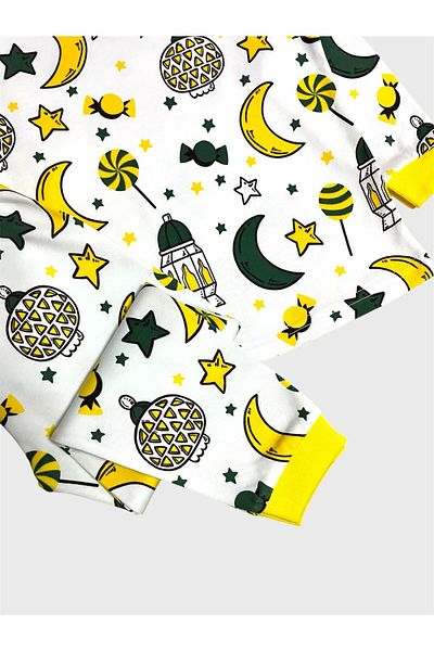 elmas kids Set de pijamale cu mânecă lungă pentru băiat, 100% bumbac, alb, cu tematică Ramadan, cu model de stele și lună