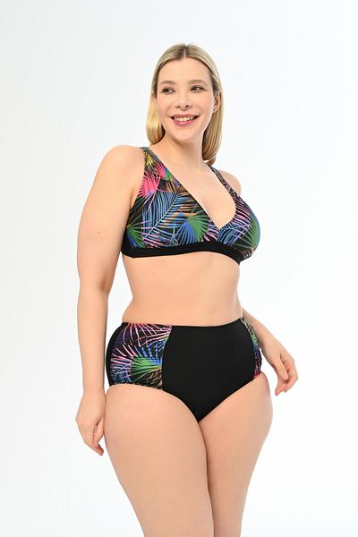 AQUAVİVA Aquaviva Women Black Palm Pattern Plus Size High Waist Butterfly Bikini Set