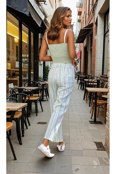 Pasaklı Giyim Women's Slim Fit Linen Striped Pocket Carrot Pants Pastel Green 3394210