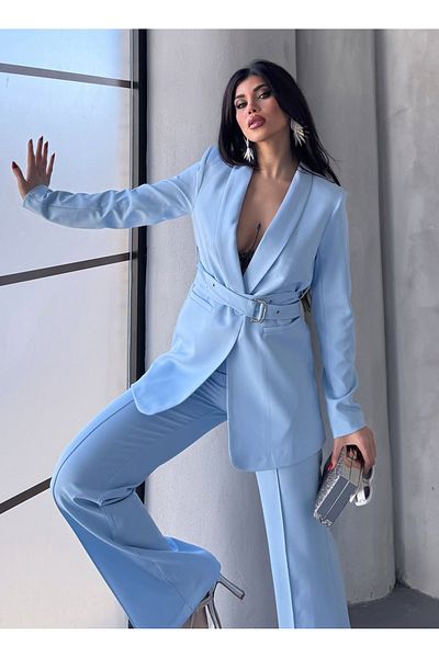 pembekurdelem Women's Belted Jacket and Trousers Suit Blue