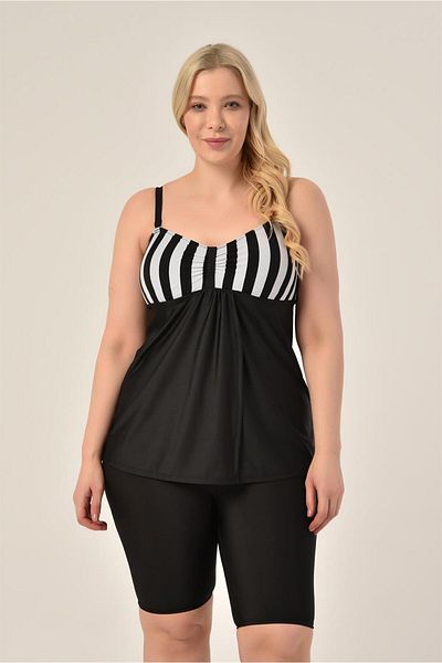 AQUAVİVA Aquaviva Women's Large Size Black Thick Striped Gathering Double Breasted Detailed Tankini with Shorts