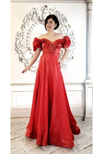 SANİSE Kırmızı Renk Balon Kollu Kabarık Abiye Elbise