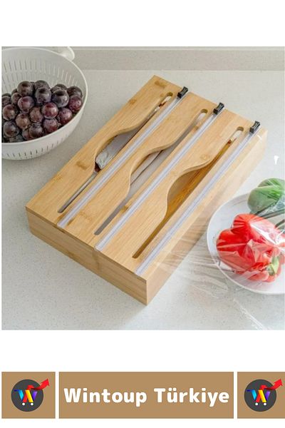 Wintoup Natural Bamboo Kitchen Organization Organizer 3 Compartment Foil Stretch Film Greaseproof Paper Cutting Stand
