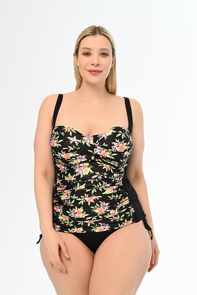 AQUAVİVA Aquaviva Women's - Black Lilac Patterned, Gathering Side Sliding Large Size Tankini