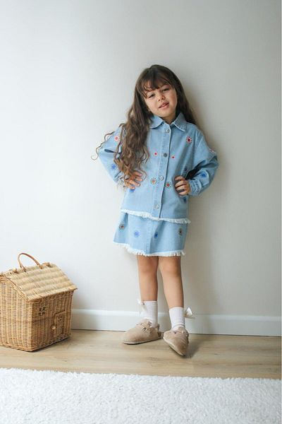 MY TRAY Girl's Flower Patterned Denim Skirt Bottom Top Set