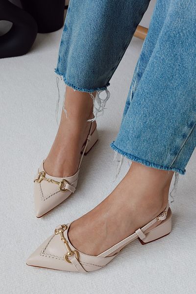 POLKA STORE Madame Saddler Stitching Detailed Gold Metal Buckle Matte Leather Pointed Toe Short Block Heeled Women's Shoes