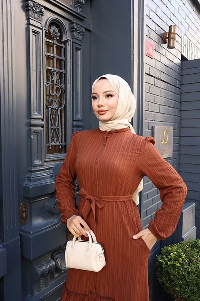 modessia ΓΥΝΑΙΚΕΙΟ Καφέ Φούστα με κουμπιά Πλισέ Ζώνη Lara Λινό Μακρύ Φόρεμα Hijab