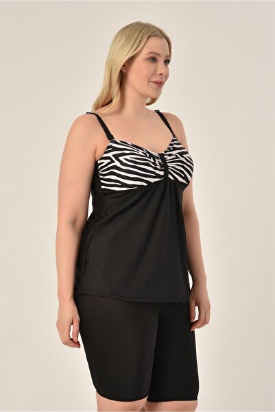AQUAVİVA Aquaviva Women's Large Size Black Zebra Pattern Gathering Double Breasted Detailed Tankini with Shorts