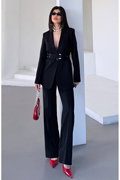 pembekurdelem طقم جاكيت وبنطلون نسائي بحزام خصر باللون الأسود