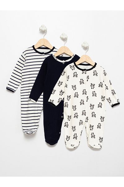 Alihan 100% Cotton Patterned Black-Navy Blue 3-Piece Baby Rompers