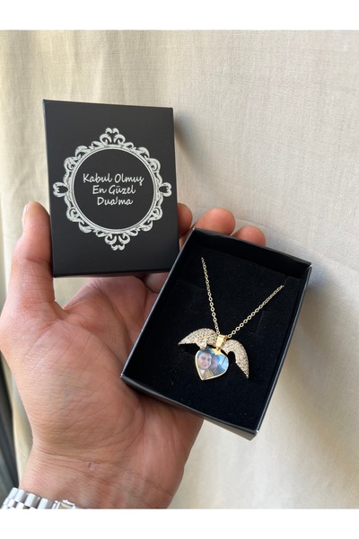 Çelik Çelik Melek Kanadı Kalpli Resimli Kolye - En Güzel Hediye
