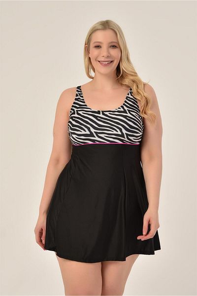 AQUAVİVA Aquaviva Women's Large Size Black Zebra Pattern Gathering Strap Adjustment Strap Stylish Dress Swimsuit