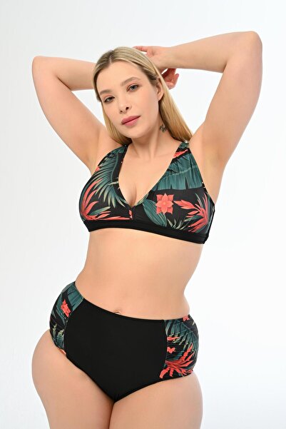 AQUAVİVA Aquaviva Women Black Leaf Pattern Plus Size High Waist Butterfly Bikini Set