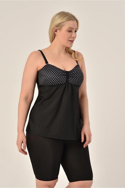 AQUAVİVA Aquaviva Women's Large Size Black Polka Dot Gathering Double Breasted Detailed Tankini with Shorts