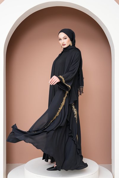 GÜLSEMALİ Gold Flounces Luxury Clothing Abaya Special Handcrafted Stylish and Elegant Model Gold Lace Processing