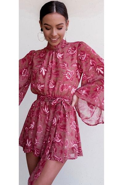 FASHION COCKTAIL Chiffon Flying Summer Bohemian Shorts Jumpsuit with Wide Sleeve Shawl Pattern Back Low-Cut Belt