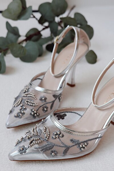 POLKA STORE Bridal Handmade Hand Embroidered Pearl Detailed Pointed Toe Thin Heeled Women's Shoes