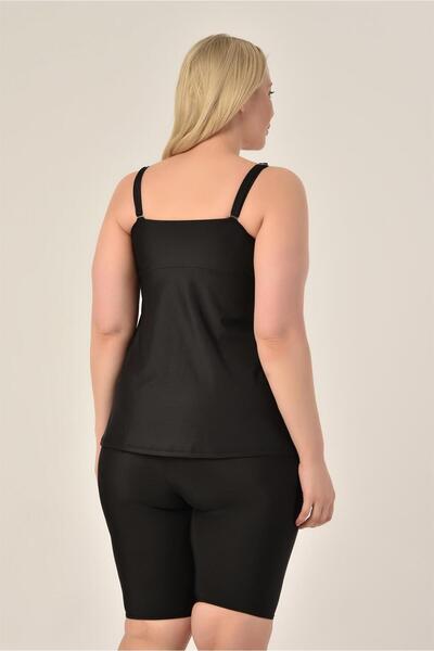 AQUAVİVA Aquaviva Women's Large Size Black Zebra Pattern Gathering Double Breasted Detailed Tankini with Shorts