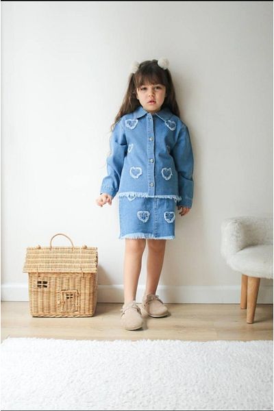 MY TRAY Girl's Heart-Detailed Denim Skirt Bottom Top Set