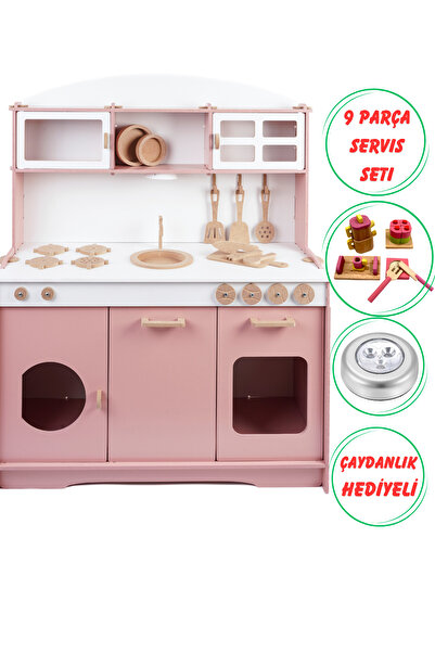 HOBBY HOUSE Ahşap Oyuncak Çocuk Mutfak Seti Çay Seti ve Led Hediyeli