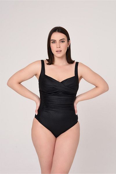AQUAVİVA Aquaviva Women's Large Size Shiny Black Gathering Drape Detailed Swimsuit