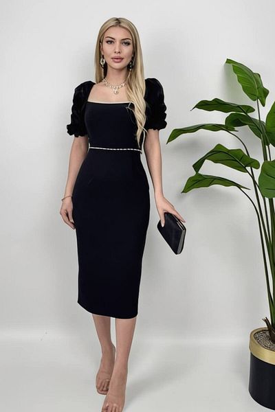 LİBAS Black Midi Dress - Pearl Detail and Ruffle Sleeve