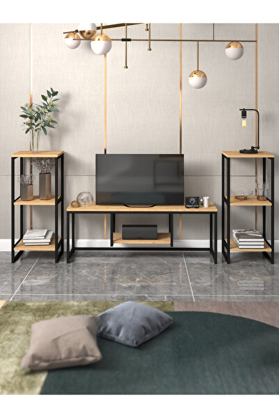 moniev Hira TV Ünitesi Yaşam Ünitesi Seti Metal Kitaplıklı Dekoratif TV Ünite...
