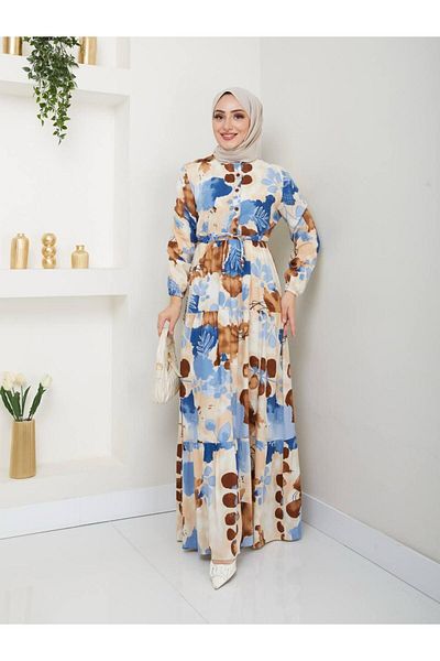 QUAWEAR Round Crew Neck Waist Lace up Shirred Full Length Dress