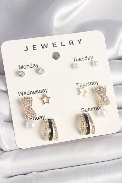 Epilons Brass Gold Color Zircon Stone Star Detailed Pearl Set of 7 Women's Ea...