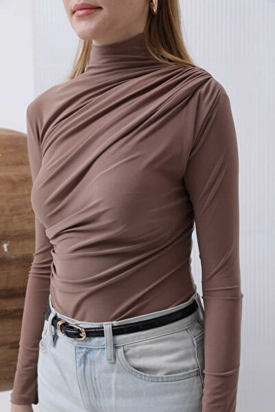 LOREEN FASHİON Дамска блуза с дълъг ръкав и поло яка, набрана отпред 20639