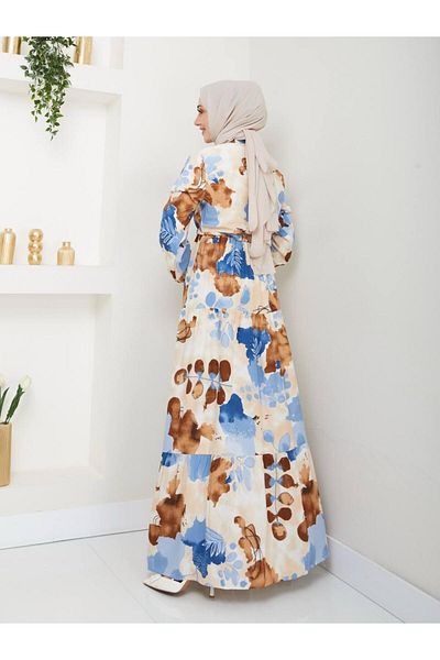 QUAWEAR Round Crew Neck Waist Lace up Shirred Full Length Dress