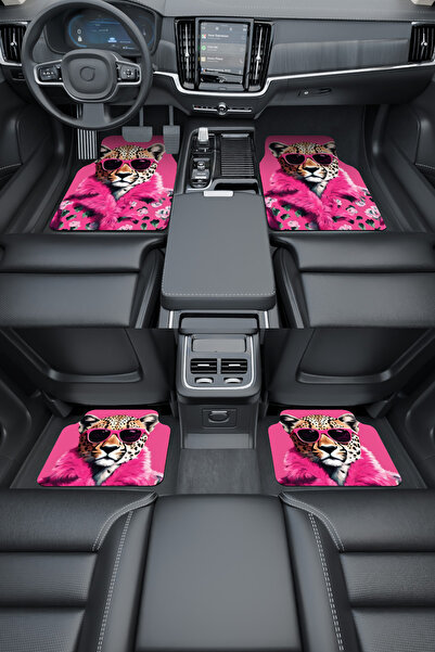 Rugmood Modern Dijital Baskı Pembe Gözlüklü Leopar Universal Araba Paspası, O...