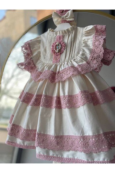 Sare Çocuk Giyim Powder Guipure Antiallergic Girl's Birthday Special Design Vintage Dress + Buckle