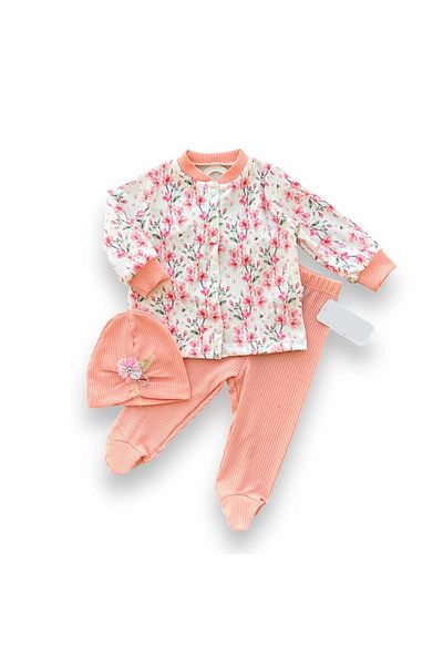 little stars 3-12 Months Floral Printed Baby Girl Set - Set of 3 with Hat and Booties