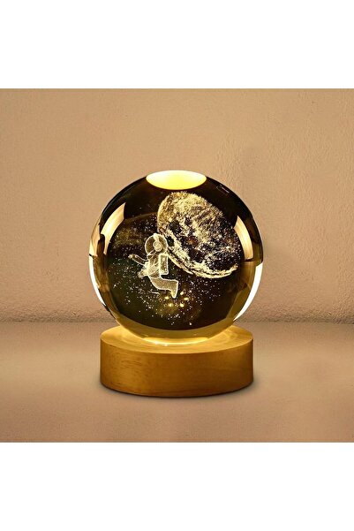 Wolawood Dünya'ya Sırt Dönen Astronot Temalı 3D Kristal Cam Kar Küresi LED Işıklı Ahşap Tabanlı Dekor Lamba