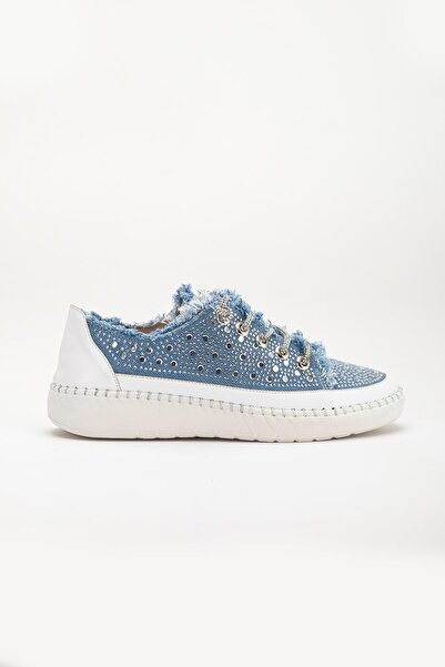 Dilimler Ayakkabı Kadın Günlük Ayakkabı Mavi Taş Bağcıklı Kot Malzeme