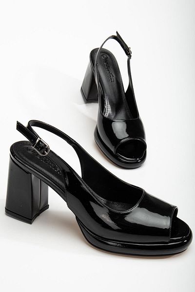 Dilimler Ayakkabı Women's Evening Dress Platform Heeled Shoes Black Patent Leather Round Open Toe