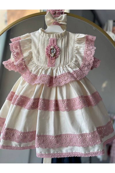 Sare Çocuk Giyim Powder Guipure Antiallergic Girl's Birthday Special Design Vintage Dress + Buckle