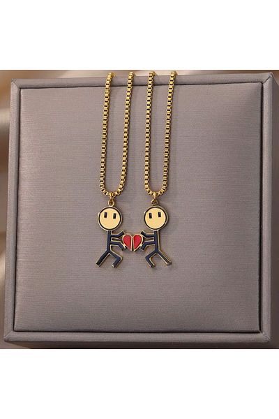 Herşey Nota Stickman Magnet Stainless Steel 2Pcs Necklace Gold Couple