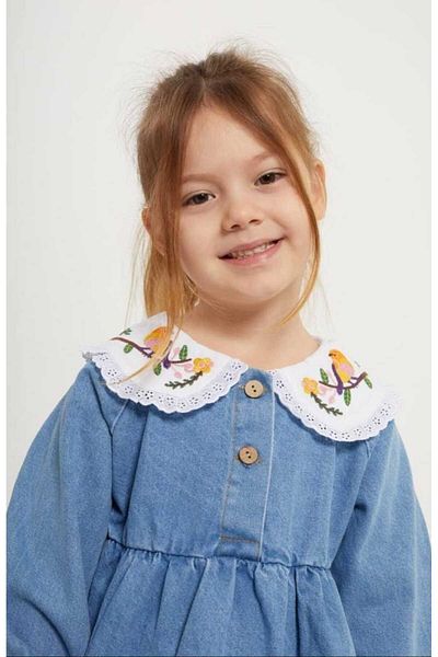 Kids Denim Dress with Bird Embroidery Detail on the Collar