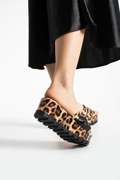 Moda Devrin Leopard Piping Wedge Heeled Women's Slippers High Sole Slippers