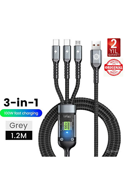 FİOPLUS 3in1 100 Watt 1.2 Metre Halat Örgü Kırılmaz Uç Hızlı Şarj ve Data Kab...