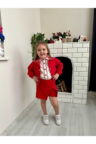 Prime Butik Girl's Dabl 3-Piece Set with Embroidered Collar Detail Shorts and Skirt - Red